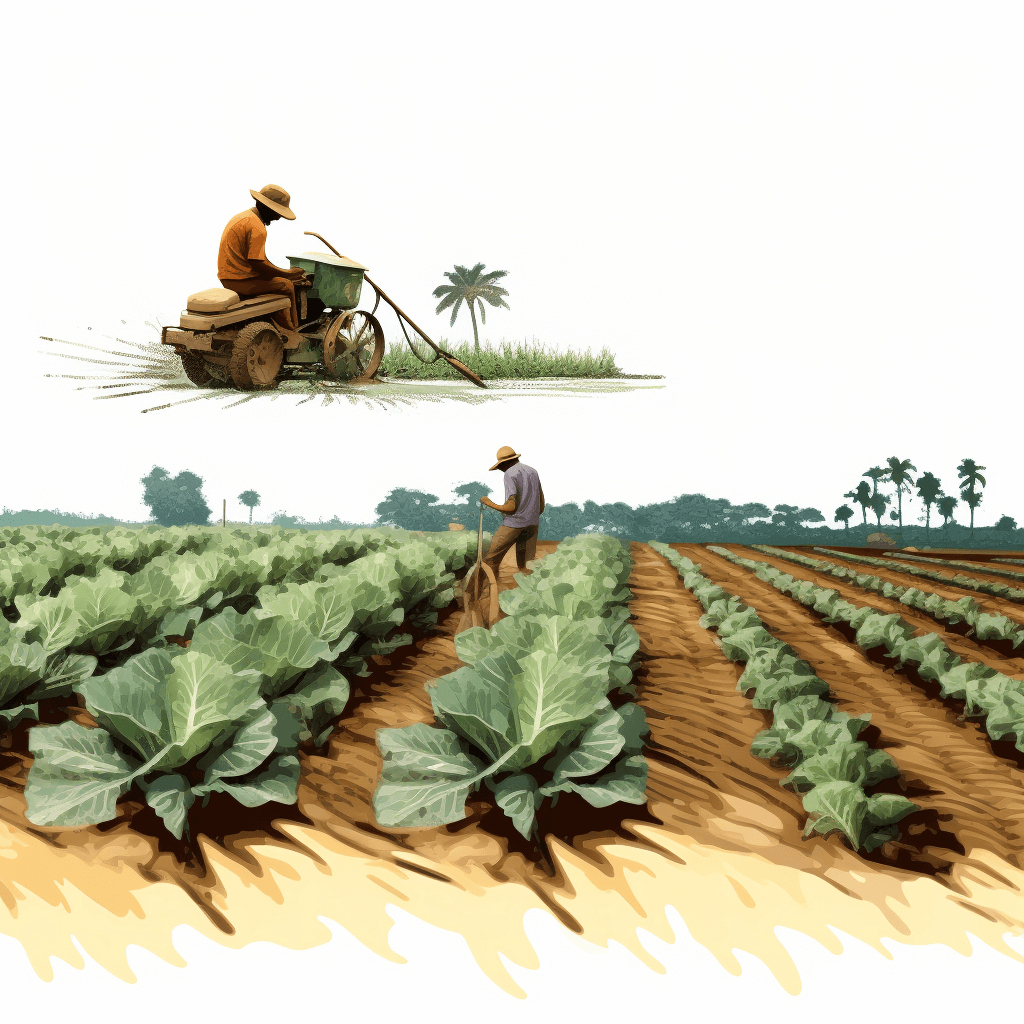 An illustration of two farmers working in the field, with one farmer driving an electric cart full of water and watering rows of cabbages while another stands beside him holding paper or fabric to catch the drops falling from above. The background is white. This scene symbolizes modern farm technology and green practices. Travelling shot, wide angle, perspective view, bird’s eye view, editorial illustrations, in the style of a children’s book.