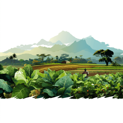 A vibrant illustration of the wheat fields in West Nanyang, China with farmers planting vegetables and fruits. The background features lush green mountains and clear skies. Vector style white background on transparent png. Vector illustration, colorful, beautiful, highly detailed, high resolution, sharp focus, intricate details, high contrast, professionally color graded, isolated from other elements. The illustration is in the style of a vector artist.