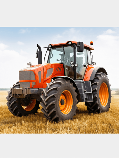 Generate an orange tractor in the center of the picture, standing on a field with large tires and very detailed. The background is white, creating contrast between colors. There should be no people or other objects around it to emphasize its presence as a powerful vehicle for farming activities.