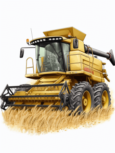 A golden harvester in the field, in the style of a cartoon, on a white background, as a vector illustration, as a hand drawn illustration, with high resolution, without shadows on other elements of the design, without any text or letters in the drawing, with high detail, of high quality, with high resolution, with high definition, with high contrast, with high sharpness, with high clarity, with hyper realistic details, with hyper detailed elements, with hyper colored elements.