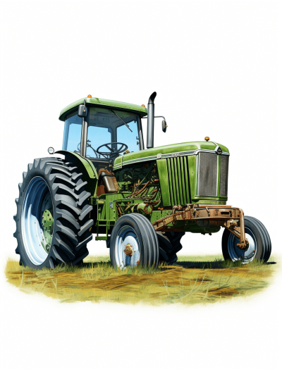 vector art clipart of a john deere tractor isolated on a white background, with a green and brown color theme, detailed in the style of watercolor and pastel colors, in a vintage style, high resolution clipart