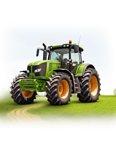 Generate an ultrarealistic vector illustration of a tractor, with high resolution and detailed rendering. The background should be white to highlight the vibrant green color of a modern tractor, set against a lush grassy field. Focus on capturing intricate details in both the wheels and engine for a realistic depiction of agricultural machinery. Ensure that all elements appear sharp and clear, suitable for use as clipart or logo design in the style of modern agricultural machinery.