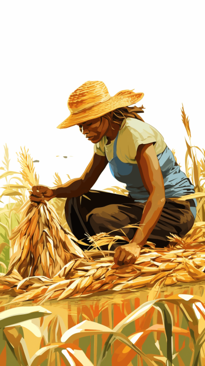 A vector illustration of an African woman in the middle class, working on her farm harvesting grain with a straw hat and blue apron. She is sitting down pouring out large piles of wheat. The background color palette should be warm earthy tones of yellow orange reds and greens. It's set against a white background, giving it a clean look. The overall mood of the artwork will convey warmth, realism, vibrant colors, and a sense of community life within rural Africa.