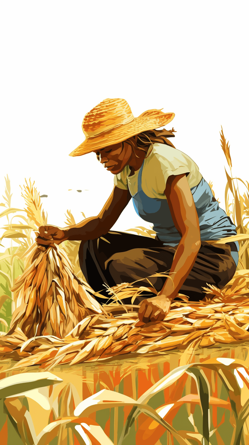 A vector illustration of an African woman in the middle class, working on her farm harvesting grain with a straw hat and blue apron. She is sitting down pouring out large piles of wheat. The background color palette should be warm earthy tones of yellow orange reds and greens. It’s set against a white background, giving it a clean look. The overall mood of the artwork will convey warmth, realism, vibrant colors, and a sense of community life within rural Africa.