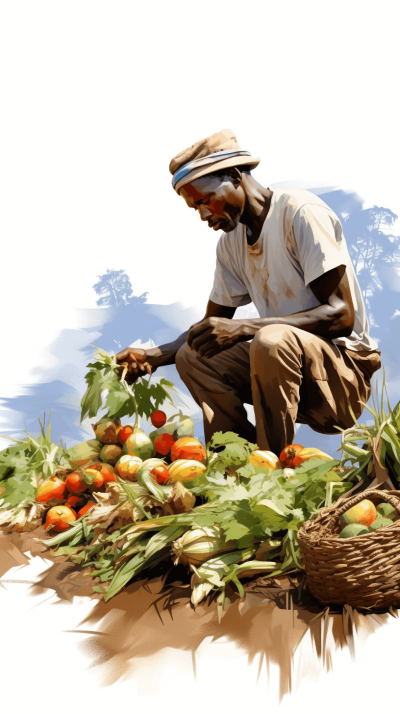 A digital painting of an African farmer harvesting fresh vegetables, showcasing the diversity and richness in traditional food culture across Africa., focus on face, realistic illustration style, white background, high resolution