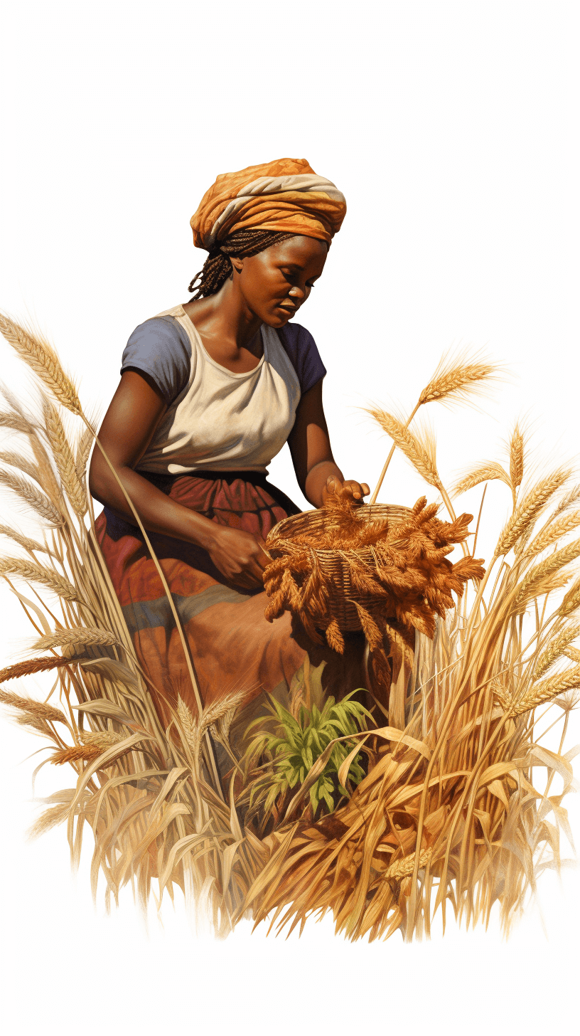 realistic digital illustration of an African woman harvesting wheat, white background, high resolution, high details