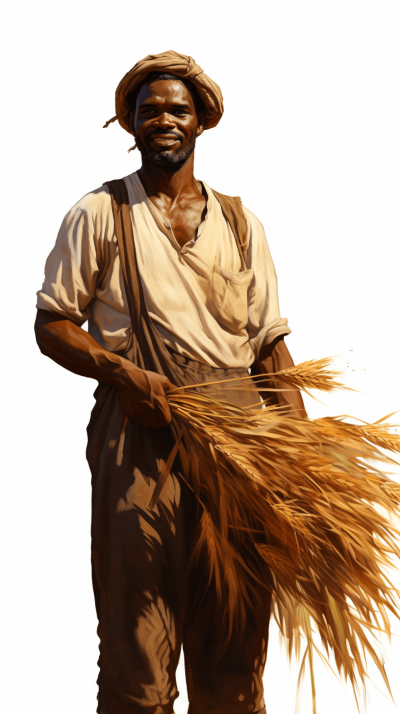 An African farmer holding sheaves of rice, clipart style isolated on white background with margins in the style of JeanSiméon Chardin, realistic color painting