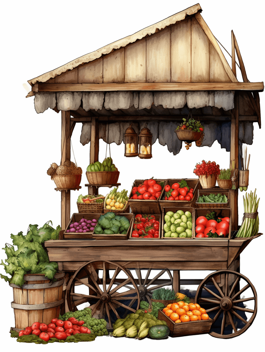 A wooden cart with lots of fruit and vegetables on it, a fantasy medieval market stall with a roof, in the style of clipart with a white background.