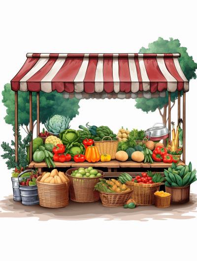 A market stall with fresh vegetables and fruits in the style of cartoon, vector illustration, white background, simple design, high resolution, no shadows, high detail, no text or letters in the picture. It is made of wood, with an awning on top for shade from sunlight, surrounded by baskets full of produce and trees in the distance. The colors should be bright reds, greens, yellows, oranges, and whites to create contrast.