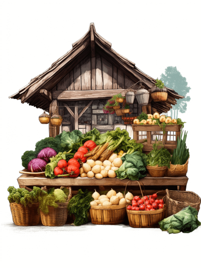 A wooden grocery store with lots of vegetables on the counter, white background, hand drawn style, in the style of cartoon, game art design, fantasy world, fantasy art, fantasy village, medieval architecture, medieval illustration, white background, high resolution, high detail, high quality, high definition, high detailed, high sharpness, hyper realistic, hyper detailed, hyper colored