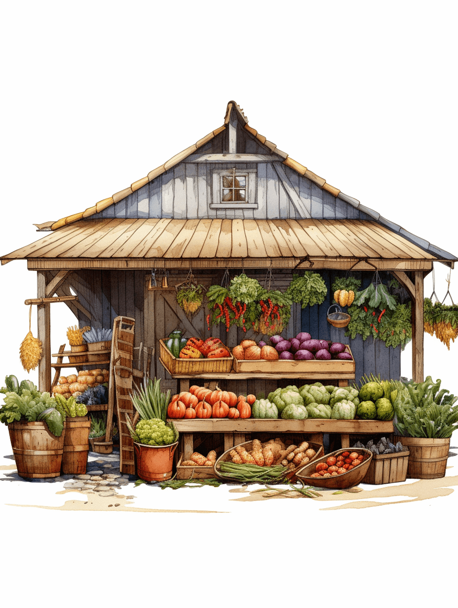 A watercolor realistic detailed illustration of an old rustic farm stand with vegetables and fruits in the front, pastel colors blue gray brown silver beige orange yellow green white black, illustrations, playful texture, soft color blending, no shadows on other elements clipart isolated on white background