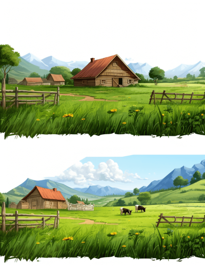 Two vector graphics of an idyllic farm landscape with wooden buildings, green grass and cows grazing in the background, white sky. The left side is in the style of a cartoon, while on the right it's rendered in a realistic style. Both graphics have wooden fences around them. You can see the whole meadow from above. On one side you will find the farmhouse and some other houses, on the other side there should be mountains visible in the distance. Make sure that no part touches each other.