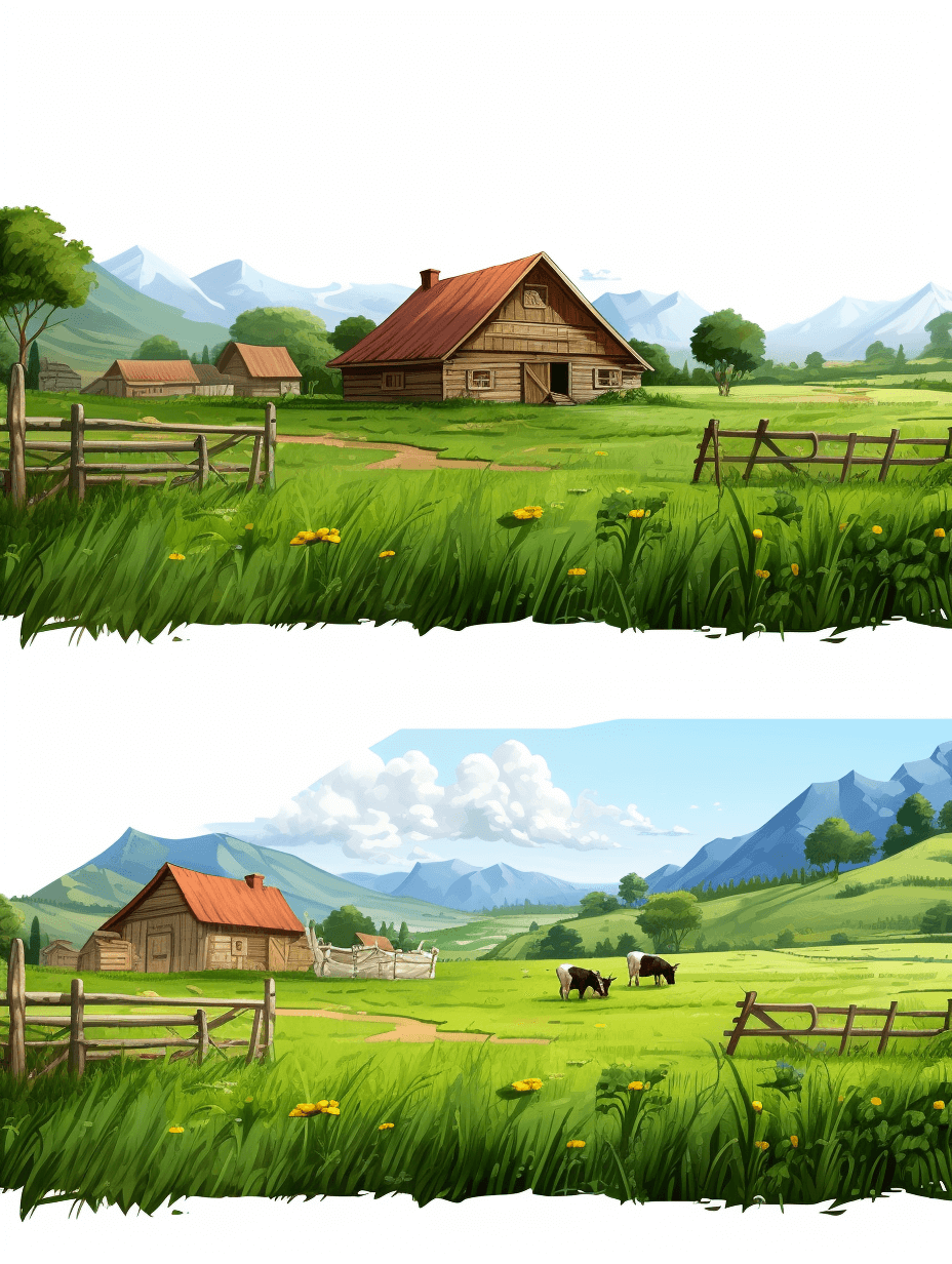 Two vector graphics of an idyllic farm landscape with wooden buildings, green grass and cows grazing in the background, white sky. The left side is in the style of a cartoon, while on the right it’s rendered in a realistic style. Both graphics have wooden fences around them. You can see the whole meadow from above. On one side you will find the farmhouse and some other houses, on the other side there should be mountains visible in the distance. Make sure that no part touches each other.