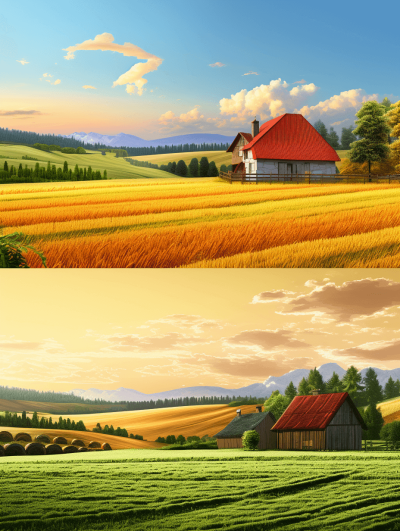 A cartoon style farm landscape with wheat fields and barns, split into two images, one side showing the golden grain of wheat in full bloom during summer at sunset, the other side featuring an old red roofed house surrounded by green pastures, distant mountains under a blue sky, soft clouds, with detailed brushwork.