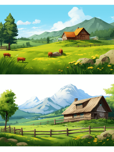 Two vector graphics of the same landscape, but with different details and colors. The first one shows an idyllic countryside scene featuring green meadows, grazing cows, wooden barns, stone walls, small trees, mountains in the background, blue sky, white clouds. In contrast to that, the second is more detailed and vibrant. It includes mountain peaks, snowcapped peaks, wooden huts with gray roofs, wildflowers on the grasslands, rocks, in the style of a different artist.