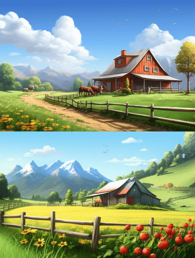 Create two game concept art scenes of the same farm, one showing an idyllic spring landscape with blooming flowers and green grass in front of a red barn surrounded by mountains under blue sky, while another shows the scene during autumn with colorful leaves on fields near wooden fences, horses grazing nearby.