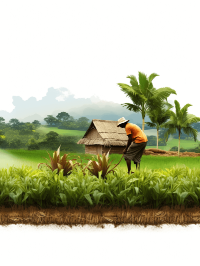 A farmer tending to crops in the middle of an Indian paddy field, wearing traditional attire and carrying tools for earth house construction on his back, surrounded by lush greenery with palm trees and distant mountains in the background. The scene captures the essence of rural life, with a white isolated background, as a high resolution vector image with highly detailed artwork in the style of traditional Indian art.