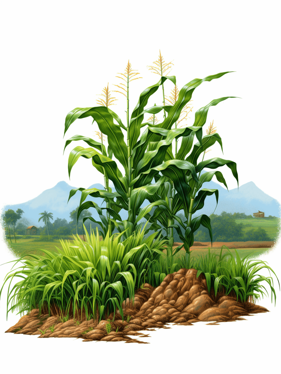 A realistic illustration of corn in the middle, surrounded dirt and grass with rice fields behind it, white background, high resolution in the style of rice fields behind it.