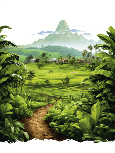 Illustration of the landscape at Rarot Norwich with rice fields and mountains, jungle plants and green grass, white background, in the style of cartoon, vector art, 2D animation, detailed, high resolution, in full growth, high detail, high quality, high sharpness, in the style of hyper realism, hyperdetailed, hyperrealistic, hyperrealism, hyperphotorealistic, hyperfine details, hypercolorful colors, hyperstyle.