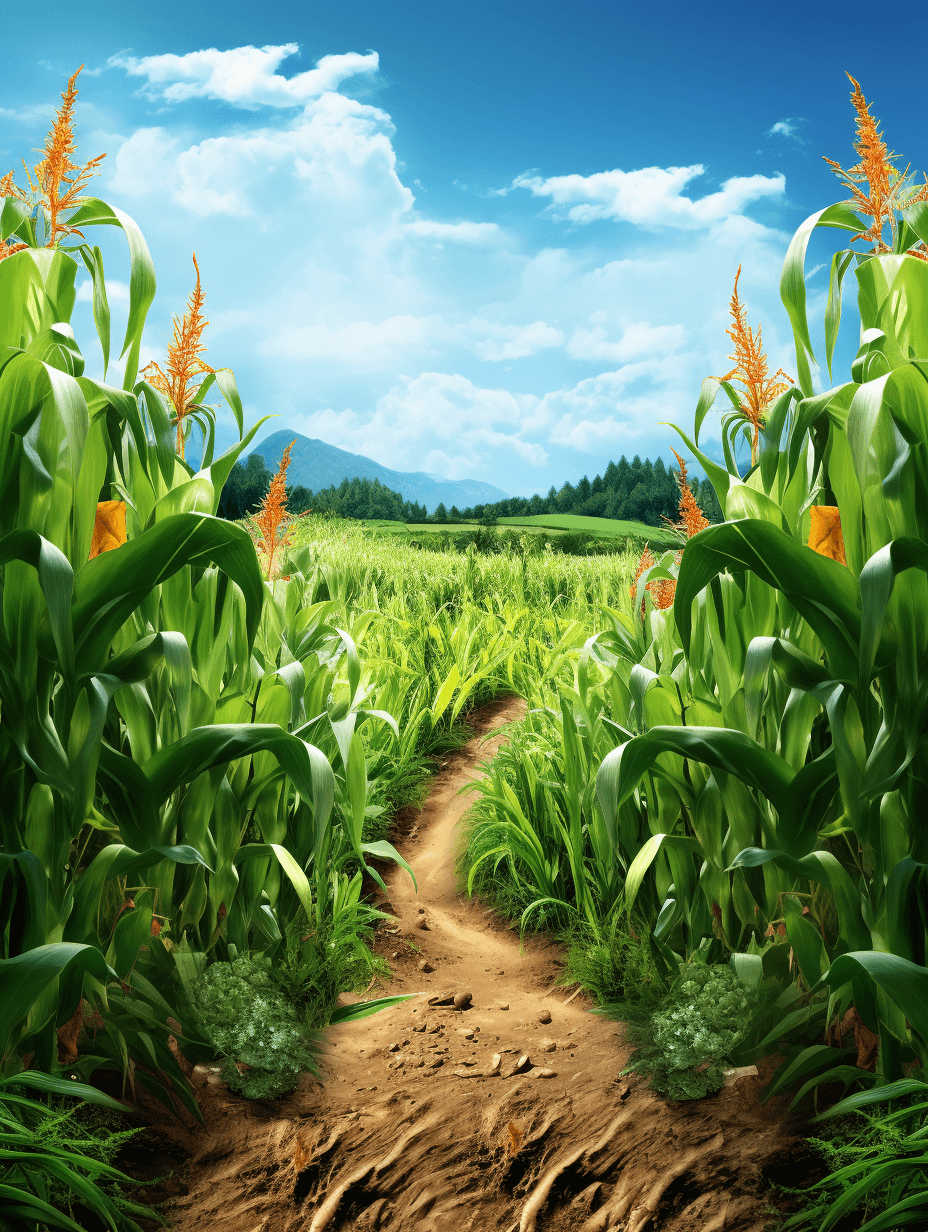 A cornfield with tall green leaves, a dirt path in the center of the frame leading to distant mountains, a blue sky and white clouds overhead, bright sunlight illuminating the scene, vibrant colors on the crops, detailed textures on the plants, high resolution, in the style of vector graphics, in the style of 3D rendering, a natural look.