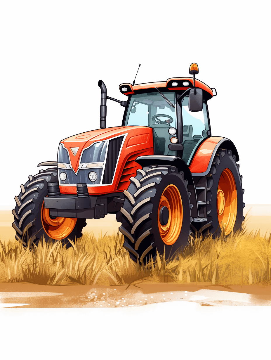 Cartoon style, illustration of an orange tractor in the field on white background, vector art for tshirt design, colorful, high contrast, hyper detailed, no shadows, high resolution, 30k detail