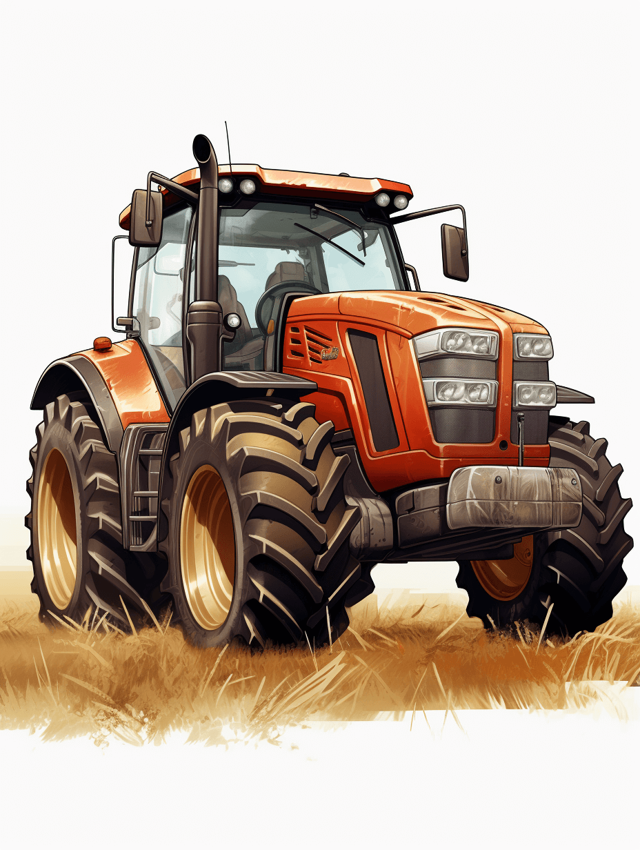 Generate an illustration of the tractor in cartoon style. Isolated on a white background, create a hyper realistic digital vector art of a modern red and black tractor with large tires driving through a dry grass field. The tractor is positioned sideways. Use a color palette that includes orange tones to highlight details. Ensure the drawing captures the essence of realism while maintaining vibrant colors and clear lines for easy coloring. Make sure you capture intricate features like engine textures in the style of realism.