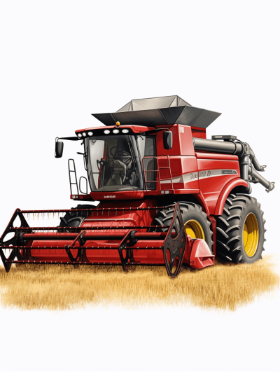 hyper realistic red combine harvester with yellow wheels in the middle of an open field against a white background, watercolor clipart in the style of no artist, with no text