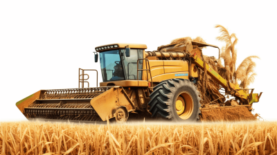 Rural machinery, harvester working in a wheat field isolated on a white background with a clipping path. The harvester is working in the style of a harvester, harvesting wheat in a field in the style of a wheat field.