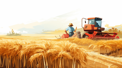 Vector illustration of a farmer in a wheat field with a harvester, with high detail, in the digital art style.