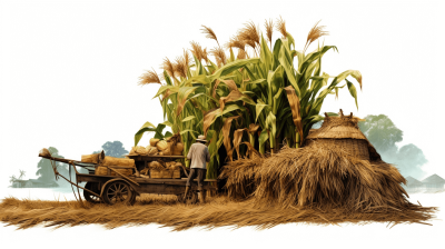 A farmer is harvesting corn that has been dried and placed on a cart for carrying to storage huts. The scene includes tall green plants with golden yellow corncobs and leaves, while farmers stand beside them in traditional attire. This illustration captures rural life during harvest season in India. The background is a isolated white color.