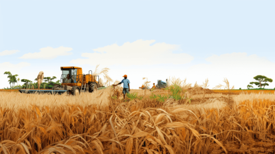 A photorealistic image shows an African farmer harvesting rice in the background. There is one large harvester and three small tractors in a field of brown paddy grasses. Farmers are working on various machine tools under a sky with a blue color theme. The shot is from far away and is hyper realistic in style.