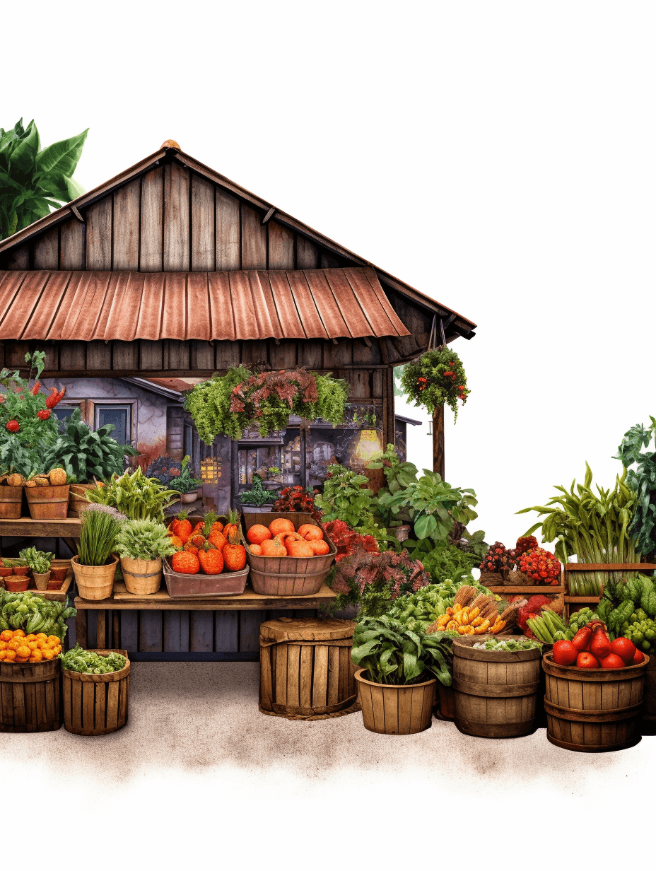 A realistic watercolor illustration of an old farm stand with lots of fresh produce and fruits surrounded by baskets in a wood building against a white background in the style of a clipart cutout sticker with a warm colored background.