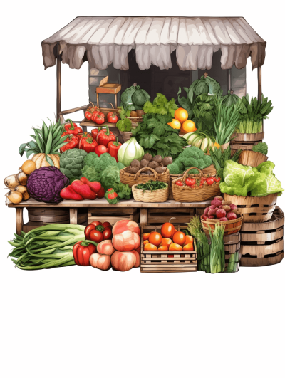 An open-air market stall filled with fresh produce, on a white background, in a hyper realistic illustration style, using warm colors, in a watercolor style, with a white isolated background.