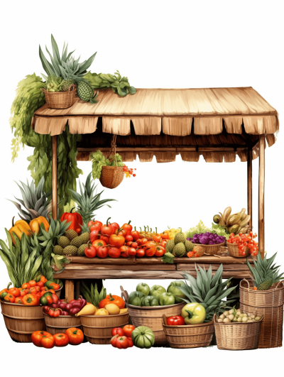 A watercolor realistic and detailed illustration of an open air tropical market with different types and colors of fruit, a big medical hat on top in a light beige hue surrounded by dark green pineapples, red tomatoes, yellow lemons and other fruits in brown wooden baskets isolated on a white background, using pastel tones in the style of an art drawing for layered doll house  illustrations.