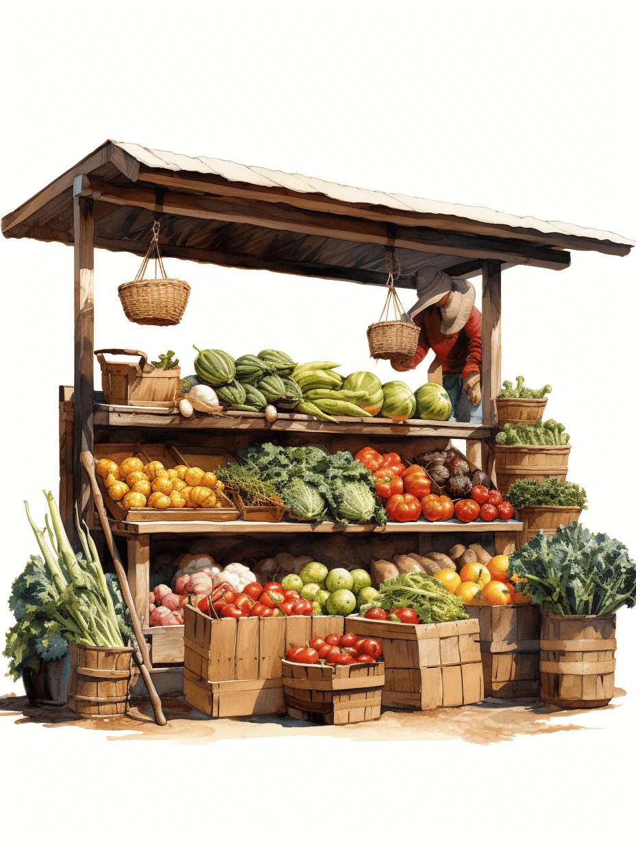 A vibrant and detailed illustration of an outdoor market stall filled with fresh produce, such as vegetables like tomatoes, green beans, broccoli, carrots, and herbs, as well as fruits like apples, watermelons, oranges, and bananas, with baskets full of greens and wood boxes for packaging the goods against a white background in the style of a vector watercolor painting at a high resolution with no text or letters in the picture and white space around the edges with no shadows on the top edge or shadow effect below.