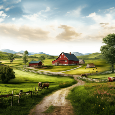 A beautiful farm with red barns, green pastures and animals grazing. A beautiful sky in the style of photo realistic, high resolution, high detail, colorful, bright, vibrant, happy, peaceful.