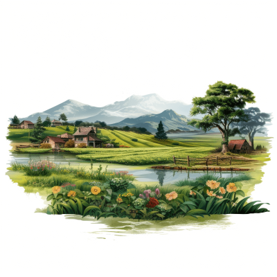 A beautiful illustration of the picturesque landscape with green fields, trees and houses nestled in front of distant mountains. A small lake nearby with wildflowers around the edge. White background in the style of clipart style. Isolated on white background in the watercolor airbrush style. Sharp focus with intricate and ultra detailed details.