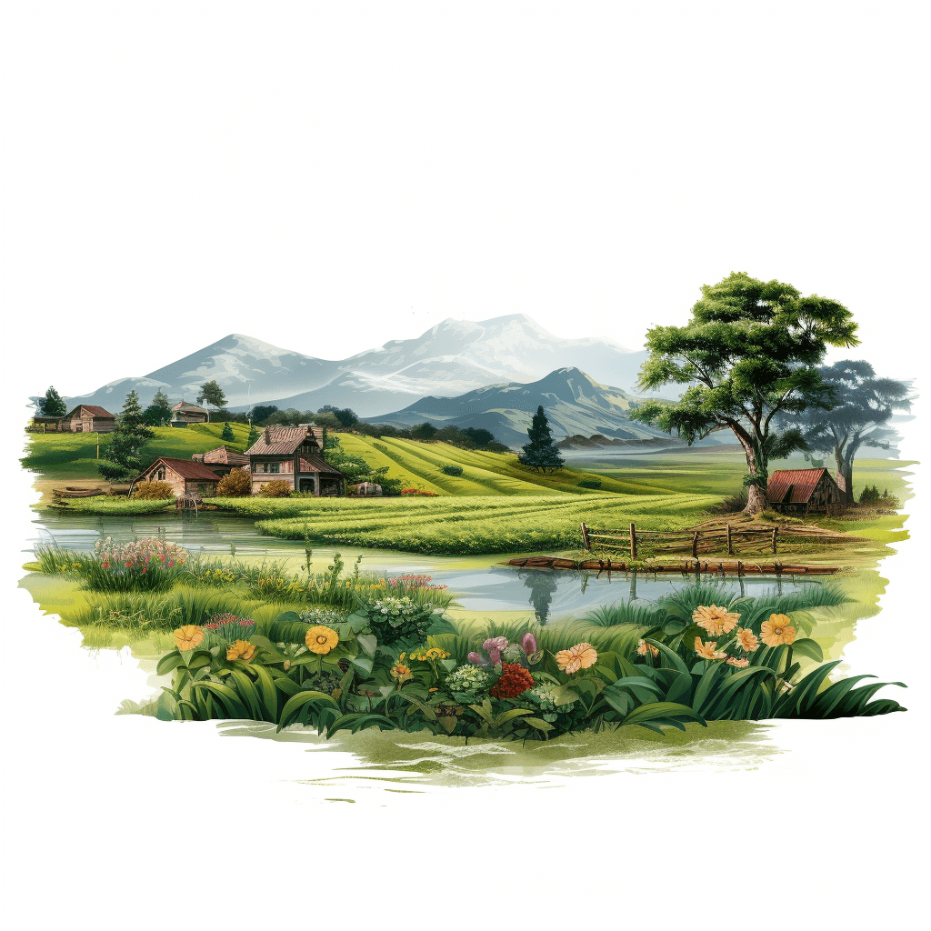 A beautiful illustration of the picturesque landscape with green fields, trees and houses nestled in front of distant mountains. A small lake nearby with wildflowers around the edge. White background in the style of clipart style. Isolated on white background in the watercolor airbrush style. Sharp focus with intricate and ultra detailed details.