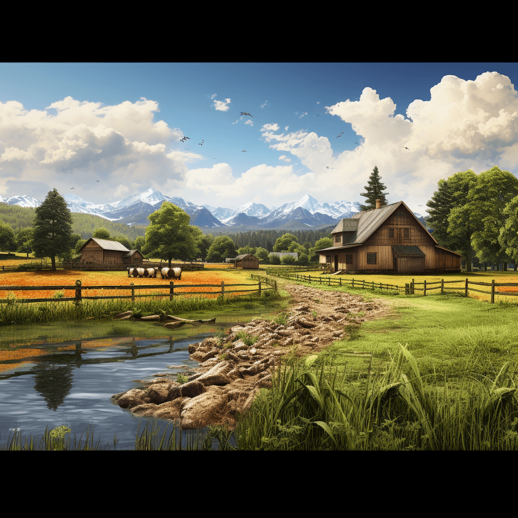 A beautiful farm with mountains in the background, green grass and fields of flowers, a small river flowing through it, wooden barns and horses grazing on one side, a clear blue sky with fluffy white clouds, and a sense of tranquility and beauty. The photorealistic illustration depicts a scenic landscape in the style of a Photorealistic artist.