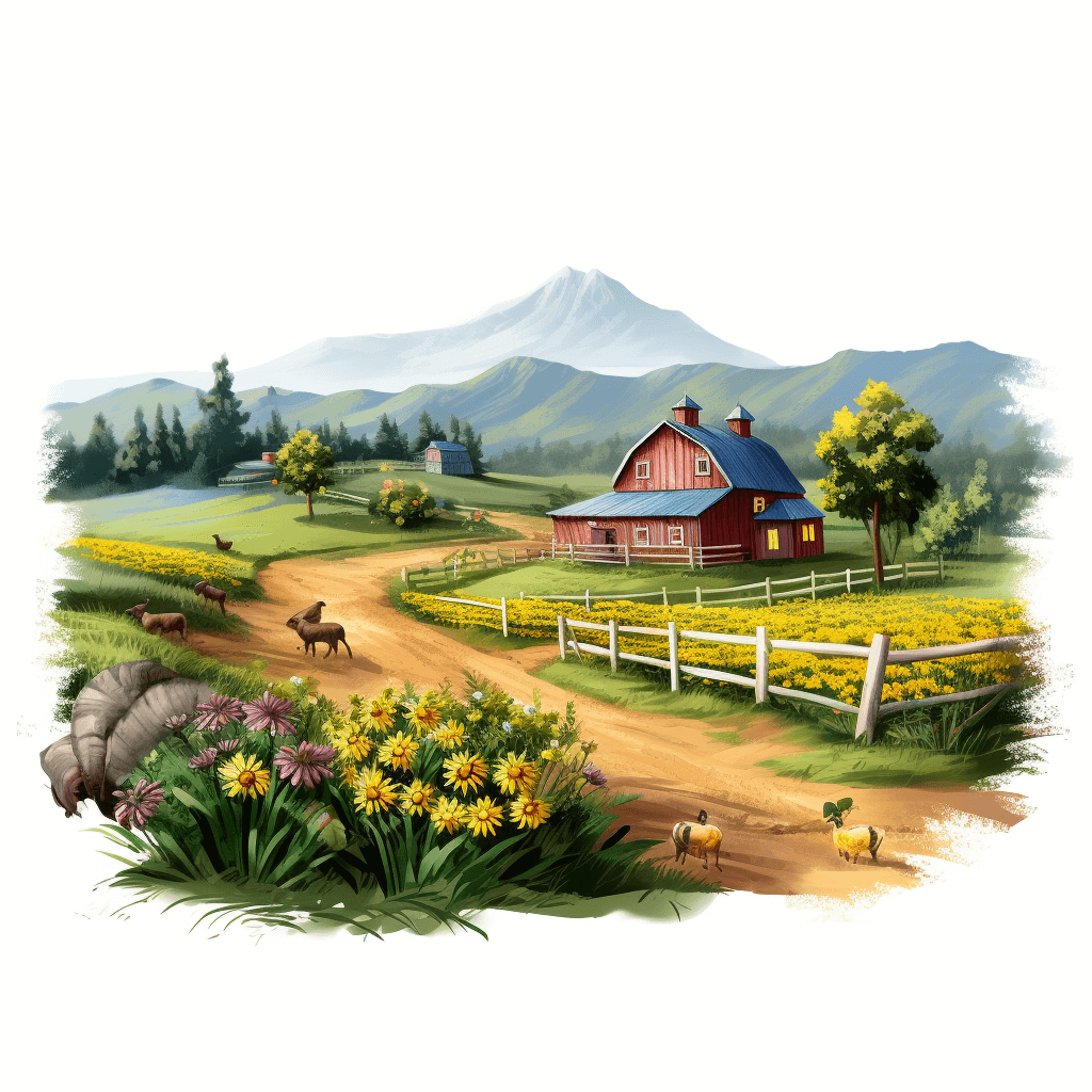 A beautiful farm with animals, barn and mountains in the background, bright colors, a road leading to it with flowers on both sides of the path, white background, vector drawing, white space at the top of the page, no shadows, bright colors, high resolution, in the style of hyper realistic, in the style of clipart, hd, no shading, no black border, no mockup