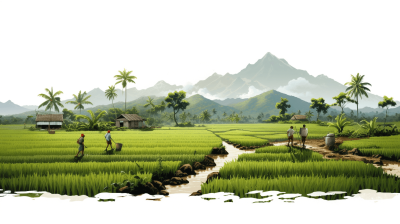 A realistic illustration of an Indonesian village with rice fields and farmers working, mountains in the background, white background, green color palette, in the style of digital art.