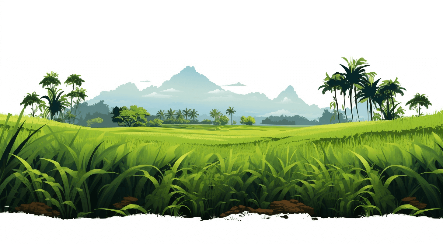 green rice fields in the background, white sky, vector illustration style, flat design, white background, cartoon style, high resolution, high detail, no shading and strong lines, thick outline, 2D game art, high quality, high resolution, high details, green grass on foreground, coconut trees behind grass, rice plantation on left side of frame, mountain range far away from paddy field, white background, simple, vector art, cartoon style, high resolution, high detail, high contrast, concept art, trending color palette, dark gray and light emerald colors, 3d render