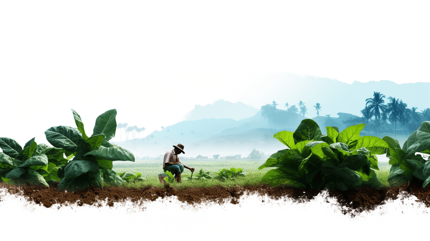 agriculture farming greenery growing smokeless cigarette leaves background white png no shadow with farmer planting in the ground, in an exotic island of Bali, clear sky, high quality, realistic, white empty space on the top for text, white background, png transparent or white.