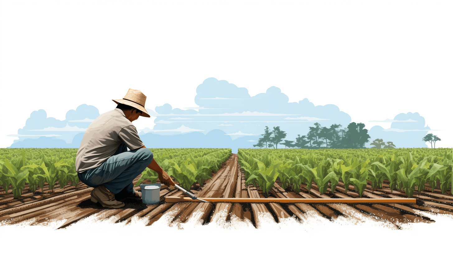 A farmer is tending to his crops, using the sprayer on bamboo sticks to sprinkled water onto them. The background shows rows of green corn fields under clear blue skies. white vector illustration clipart with simple gradients and solid colors isolated in plain white background, no shadows or mockup elements, professional studio lighting, centered composition, wide angle