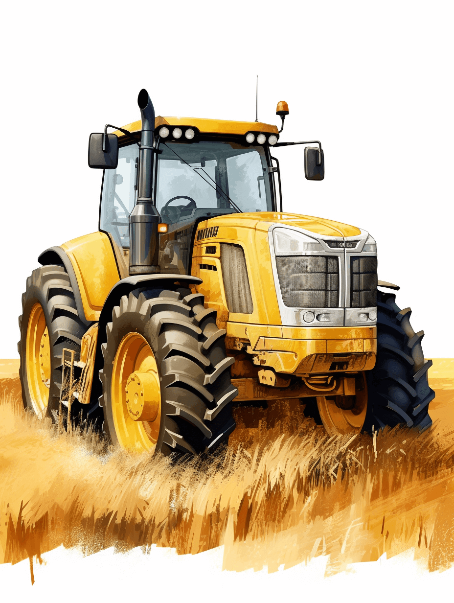 yellow tractor on the field, vector illustration, white background, in the style of watercolor with pencil sketch, high resolution, professional photograph, full hd, natural colors, studio lighting, complex details, sharp focus, high quality