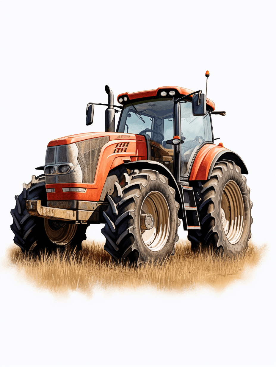 Generate an illustration of the tractor in a vector style, with a white background and a clipart-like appearance. The design should feature a vibrant orange tractor placed on grassy terrain. Ensure that it is depicted as a side view with large tires for enhanced realism. Emphasize details to make sure every piece from its front wheel to back wing stands out clearly against the backdrop. This illustration will add depth while maintaining simplicity through clean lines and clear colors in the style of minimal editing.