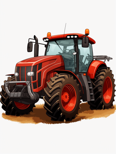 Cartoon red tractor vector illustration on a white background in a simple style. The vector illustration is high resolution with no text and clear lines and contours. It is of high quality, high detail and high definition with sharp focus and no blur. The illustration is very detailed and in the style of professional photography with super resolution.