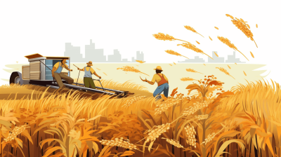 Flat illustration style depicting a wheat field scene with farmers working in the background of a harvester harvesting. Warm colors are used with city buildings visible in the distance. The vector graphics image has a white background, high resolution without shadows on the ground. Clear lines and textures are used with high details to create a high quality, high definition image in the style of a wheat field scene.