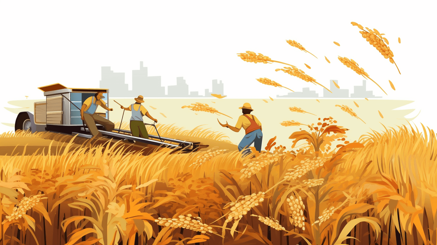 Flat illustration style depicting a wheat field scene with farmers working in the background of a harvester harvesting. Warm colors are used with city buildings visible in the distance. The vector graphics image has a white background, high resolution without shadows on the ground. Clear lines and textures are used with high details to create a high quality, high definition image in the style of a wheat field scene.