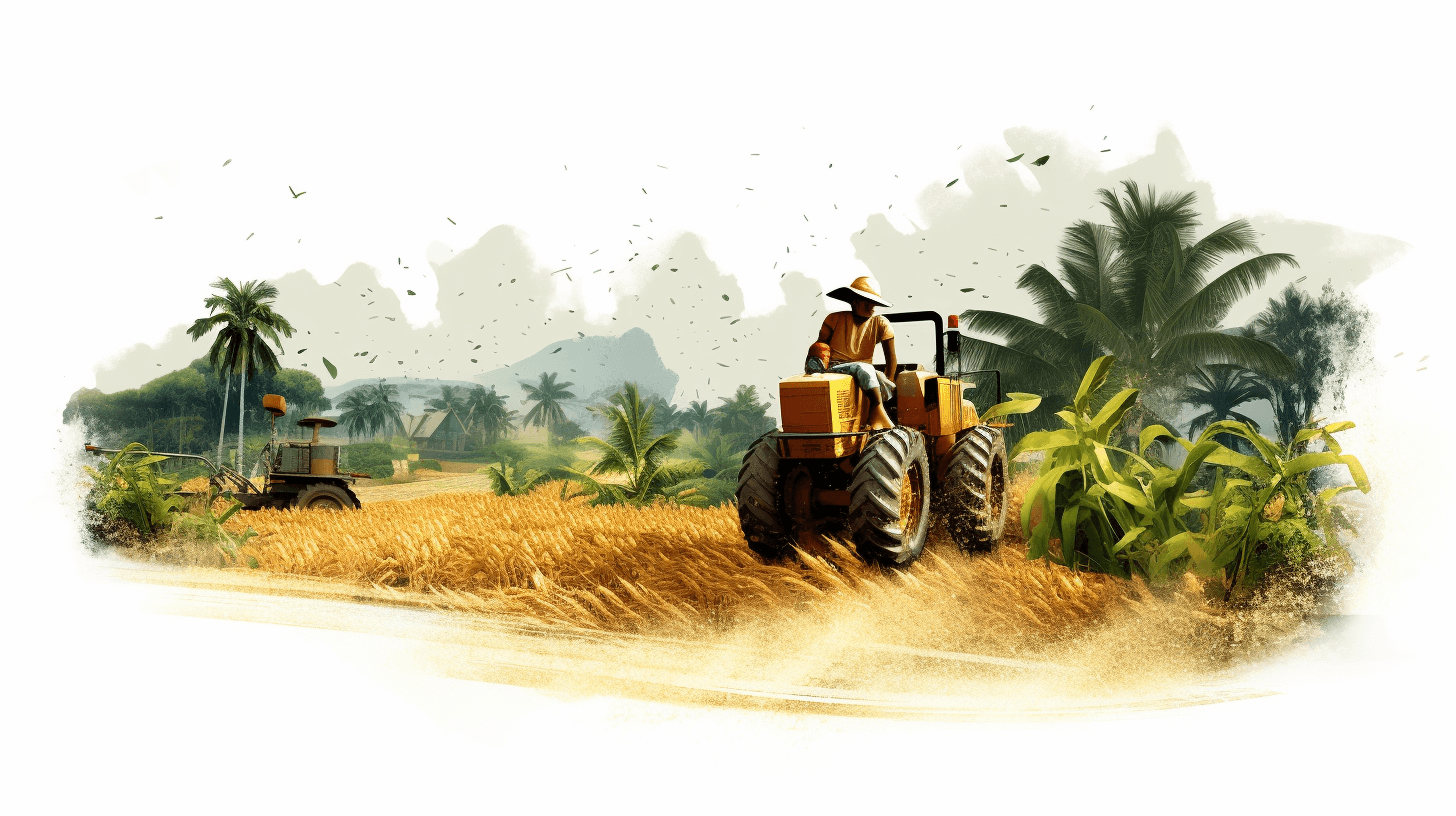 A realistic illustration of a farmer in the middle with two tractors working on rice fields, coconut trees and a paddy field behind him, in the style of watercolor, white background, warm color tone, high resolution, professional photography, sharp focus, studio lighting.